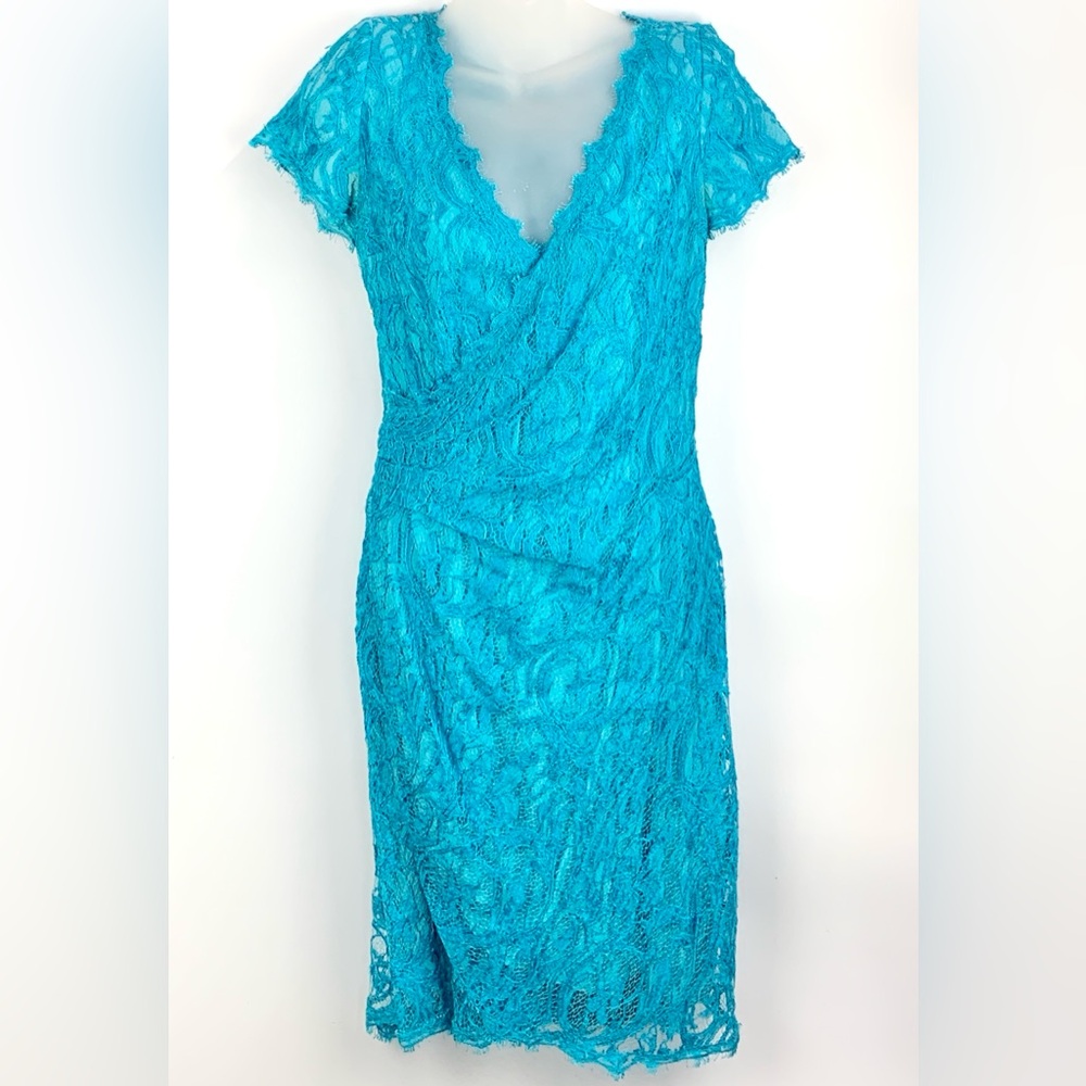 Emilio Pucci Blue Sheath Lace Wrap Dress Short Sleeve SILK Lining - Size US 10